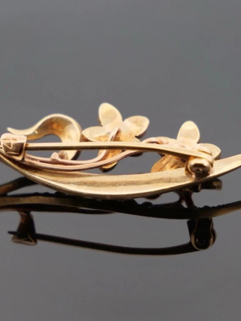 Antique 14K Yellow Gold Seed Pearl Floral Flower Leaf Brooch Art Nouveau 2.67g